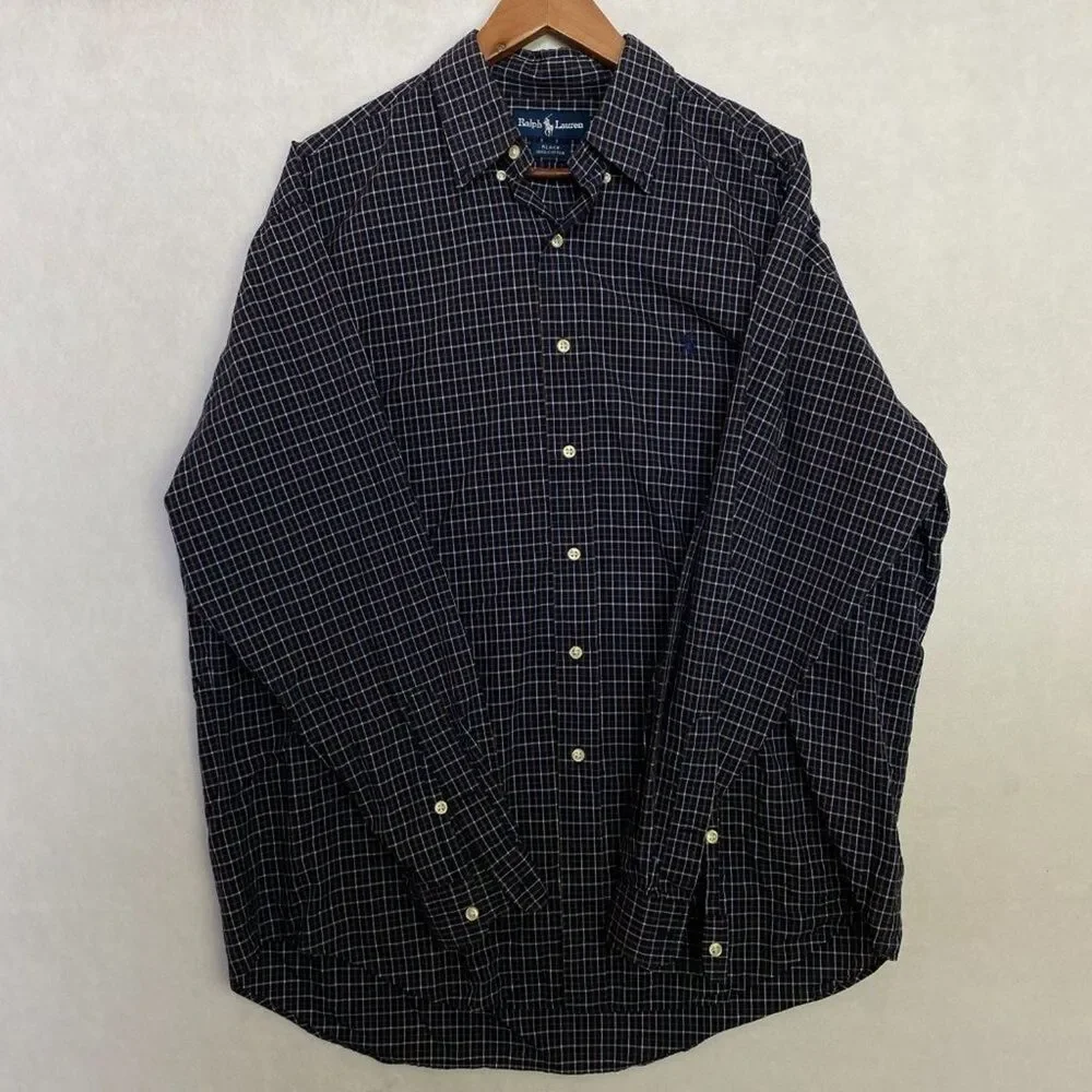 Ralph‎ Lauren Shirt Mens Large Navy Plaid Button Down Long Sleeve Office Wear